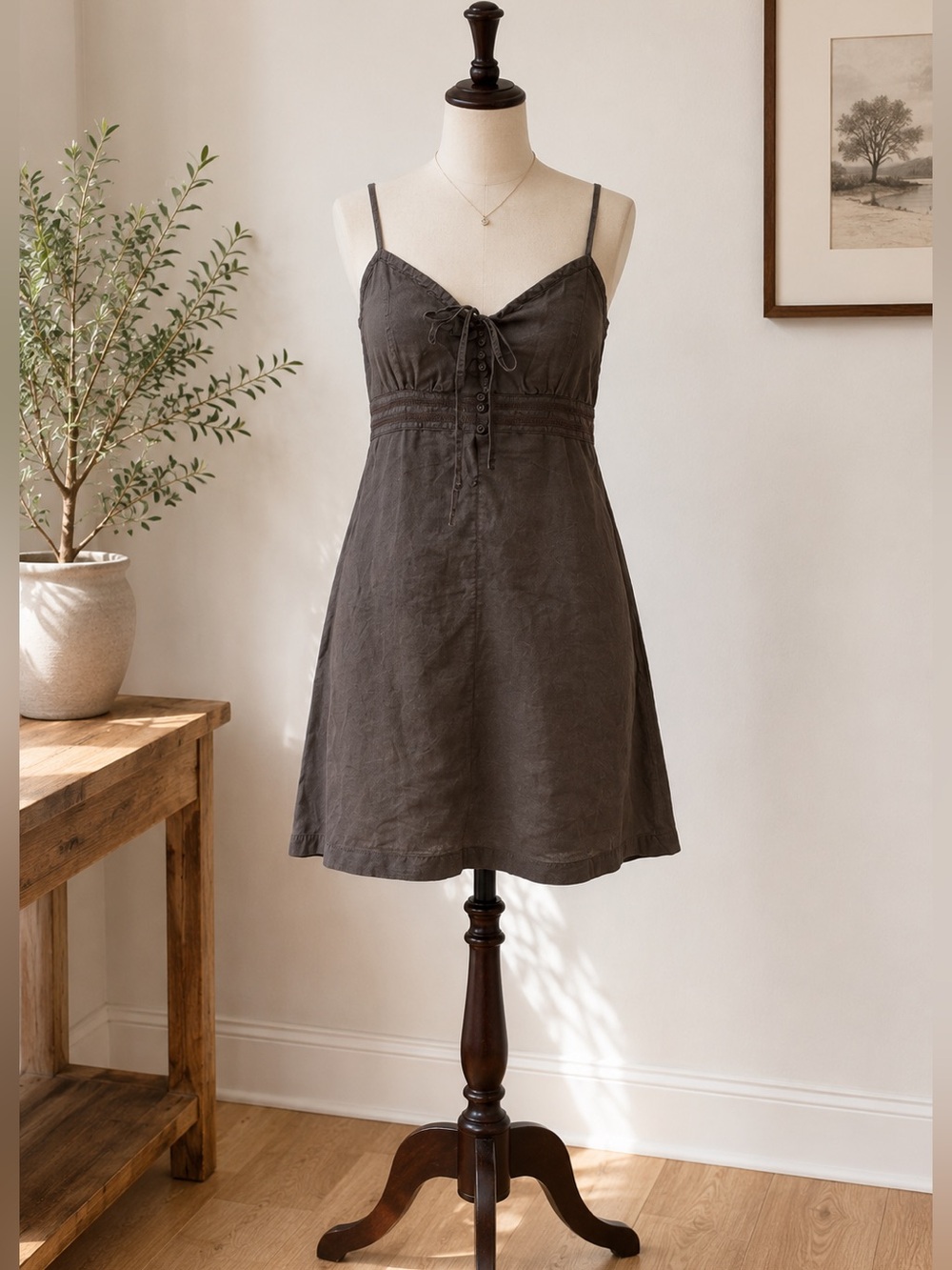 Brown Linen Cotton Mini Dress Y2K Boho Empire Waist Cottagecore Size L
